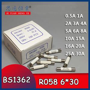 고속 융합 세라믹 퓨즈, 6x30mm R058 100 V 0.5A 1A 2A 3A 4A 5A 6A 8A 10A 13A 15A 20A AMP 퓨즈 튜브, 250 개/박스