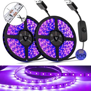 UV LED 스트립 조명, 자외선 광선, LED 다이오드 리본, 보라색 테이프 램프, USB 스위치, 60LEDs/m, 5V UVA 조명, 395-405nm SMD2835