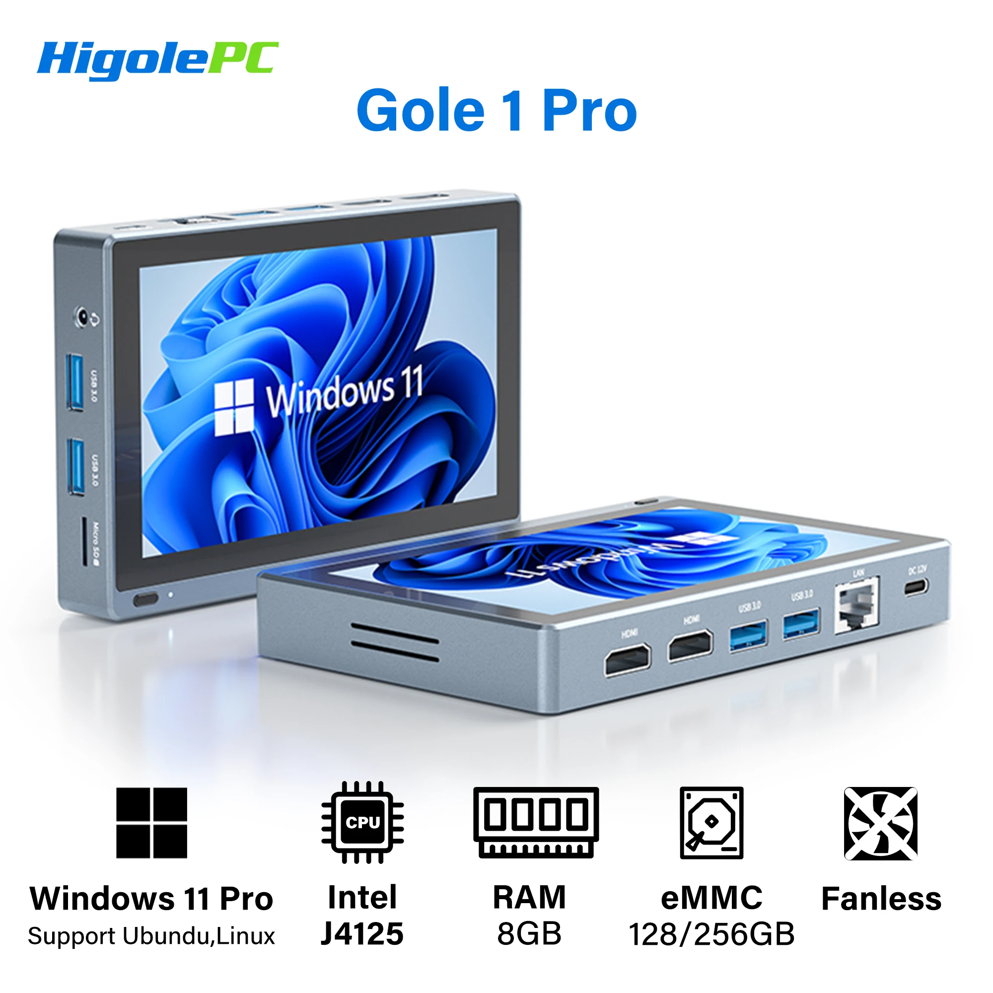 Higole Gole 1 Pro 팬리스 미니 PC, 인텔 J4125, 윈도우 11, 와이파이 5, 8GB, 256GB, 2500mAh, 4K 컴퓨터, 터치 스크린, 윈도우 태블릿, 5.5 인치