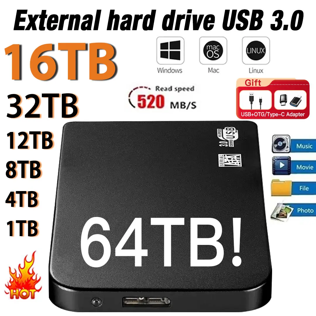 오리지널 휴대용 SSD 1TB 외장 하드 드라이브, 2TB 하드 디스크 메모리, USB 저장 장치, PC 태블릿 노트북 데스크탑 컴퓨터 Mac 2024