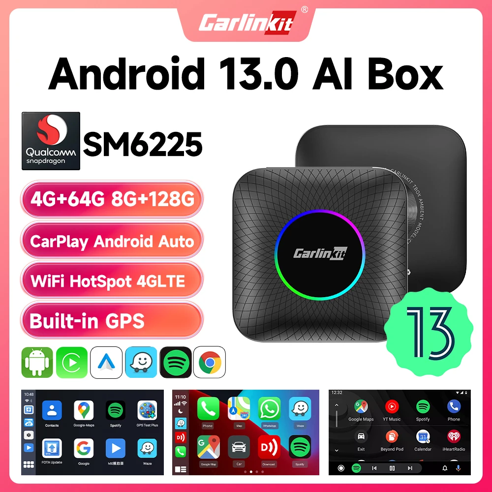 2024 CarlinKit CarPlay AI Box 안드로이드 13 SM6225 8 코어 안드로이드 자동 무선 CarPlay 어댑터 WiFi 4GLTE 유선 CarPlay 자동차 용 GPS 64G 128G FOTA 업그레이드 연결