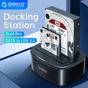 ORICO-듀얼 베이 하드 드라이브 도킹 스테이션, 2.5/3.5 인치 HDD SSD SATA to USB 3.0 HDD 도킹 스테이션, 12V3A 전원 어댑터 포함