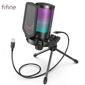 FIFINE USB 콘덴서 게이밍 마이크, 팝 필터 쇼크 마운트 및 게인 컨트롤, 팟캐스트, 앰플리게임 A6V, PC PS4 PS5 MAC용