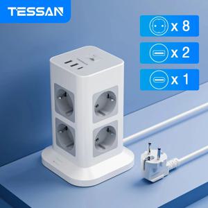 TESSAN 타워 멀티탭 멀티 콘센트, USB 2 개 + C타입 1 개, 2M 익스텐션 케이블, EU 플러그 수직 전기 소켓 서지 보호