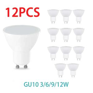 홈 오피스 장식 램프 조명용 LED 스포트라이트 전구, 180 도 빔 각도, AC220V, 3W, 6W, 9W, 12W, GU10, 12 개