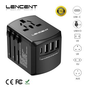 LENCENT 국제 여행 어댑터 여행용 충전기, USB 포트 3 개 및 C타입 1 개, 미국 EU 영국 AUS 여행용 올인원 벽 충전기