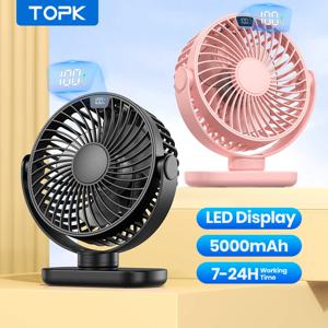 TOPK K60C 휴대용 미니 선풍기, 실내 스탠딩 팬, LED 디스플레이, 360 ° 회전, 조용한 개인 책상, 캠핑용 전기 선풍기, 5000mAh