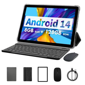 PRITOM TAB11 키보드 마우스 케이스 포함, 안드로이드 14 태블릿, 10 인치, 8GB(4 + 4 확장) RAM, 128GB ROM, 옥타 코어, 5G WiFi