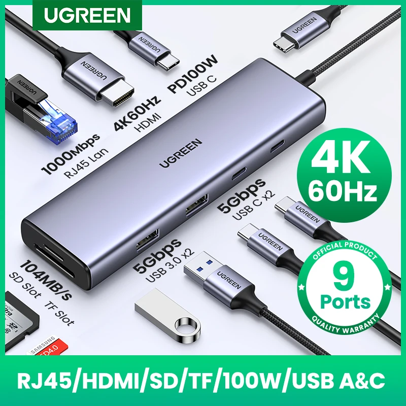 UGREEN USB C 허브 HDMI 어댑터, USB C에서 USB3.0, PD100W, SD 및 TF, 맥북 프로 에어 노트북용, C타입 3.1 스플리터 도킹 스테이션, 4K60Hz