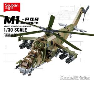 2024 Sluban WW2 군사 러시아 항공 무기 Mi-24 공격 헬리콥터, 뒷면 모델 빌딩 블록, 클래식 전투기 벽돌, 비행기 장난감