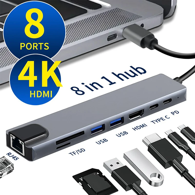 USB C 허브 C타입 3.1-4K HDMI 어댑터, RJ45 SD/TF 카드 리더기, PD 고속 충전, 맥북 노트북 노트북 컴퓨터용, 8 인 1