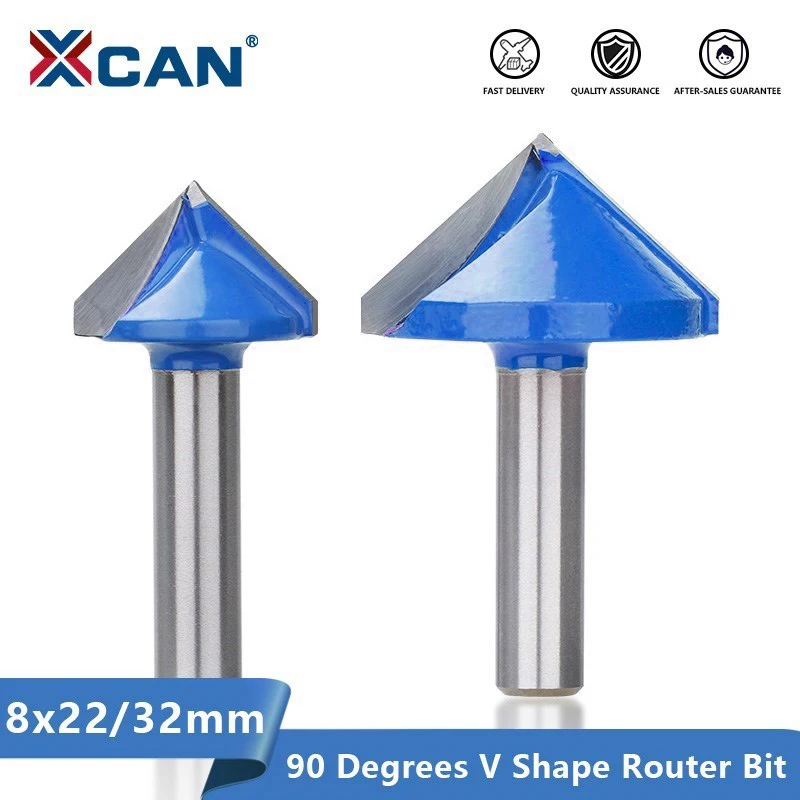 XCAN 목재 라우터 비트 8mm 생크 V 모양 3D 조각 비트, 90 도 카바이드 엔드 밀 직경 22 32mm 목재 밀링 커터