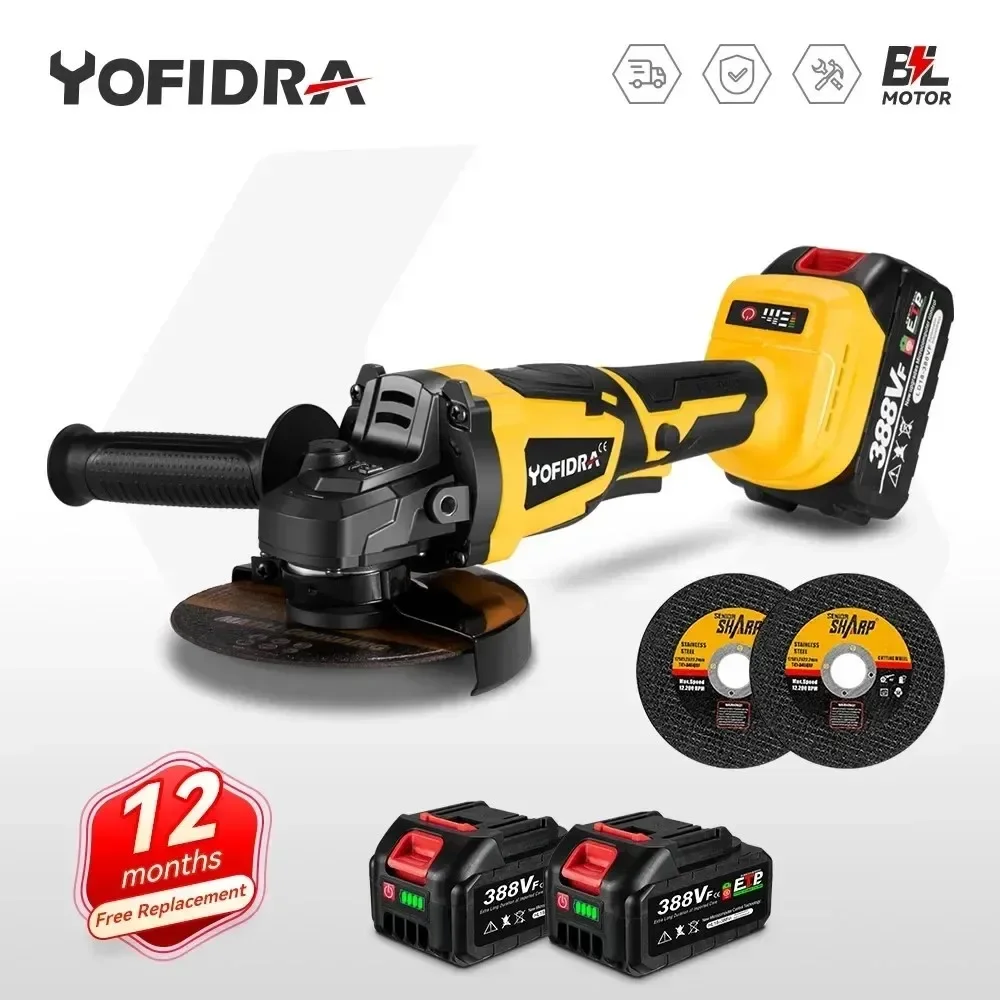 Yofidra 브러시리스 앵글 연마기, 마키타 18V 배터리, 12000Rpm, 3 기어, M14 무선 전기 임팩트 그라인딩 전동 공구, 125mm