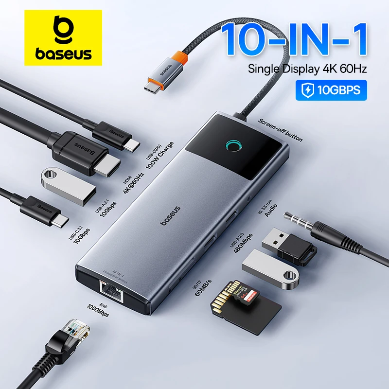 Baseus USB C 허브, 맥북, 아이패드, 삼성, PC, 태블릿 폰, USB 3.2, 2 세대 허브용, 4K, 60Hz, HDMI, RJ45 이더넷, PD 100W, 10Gbps