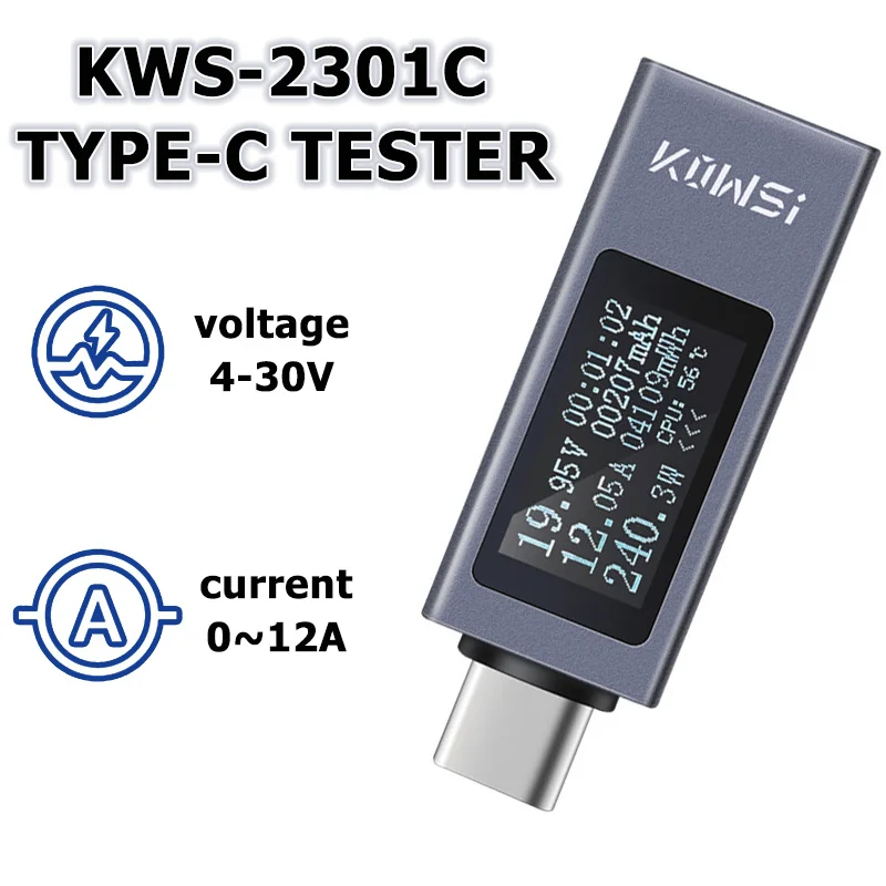 C타입 테스터 디지털 전압계, 암페어 전압 전류 계량기 전류계 감지기, 보조배터리 충전기 표시기, DC 4-30V 0-12A