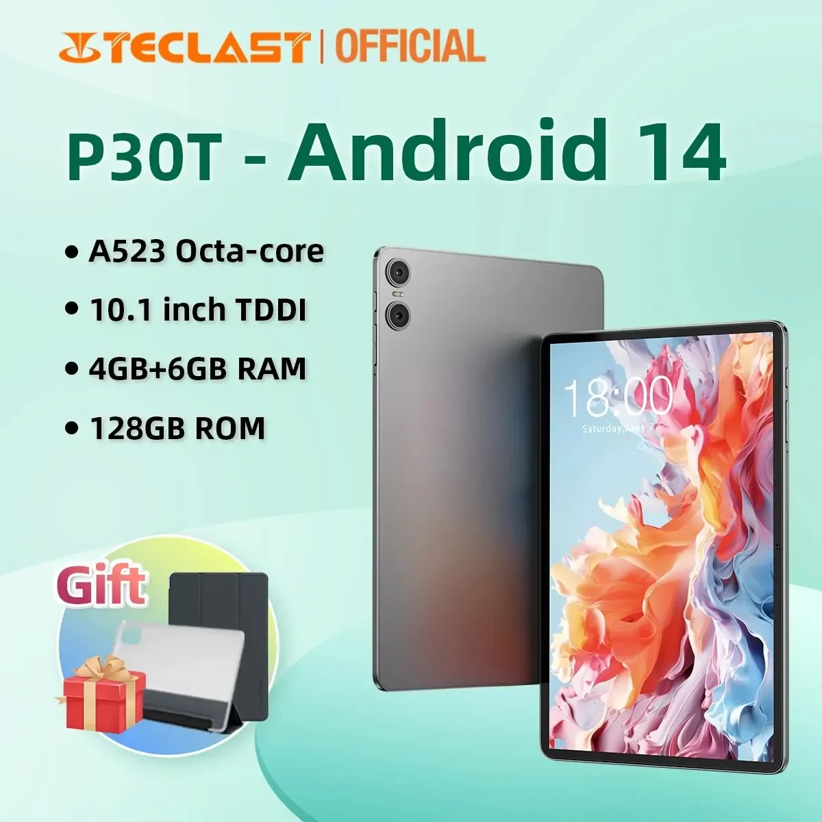 Teclast P30T 안드로이드 14 태블릿, 10.1 인치, 인셀 완전 적층, A523, 8 코어, 4GB + 6GB RAM, 128GB ROM, 와이파이 6, C타입, 6000mAh, 3.5mm 잭