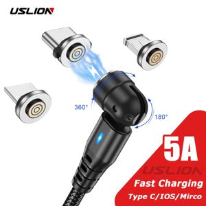 USLION 고속 충전 C타입 Mirco USB 휴대폰 데이터 코드, 540 회전, 5A 마그네틱 케이블, 아이폰 15, 14 프로 맥스, 샤오미 13, 포코 레드미