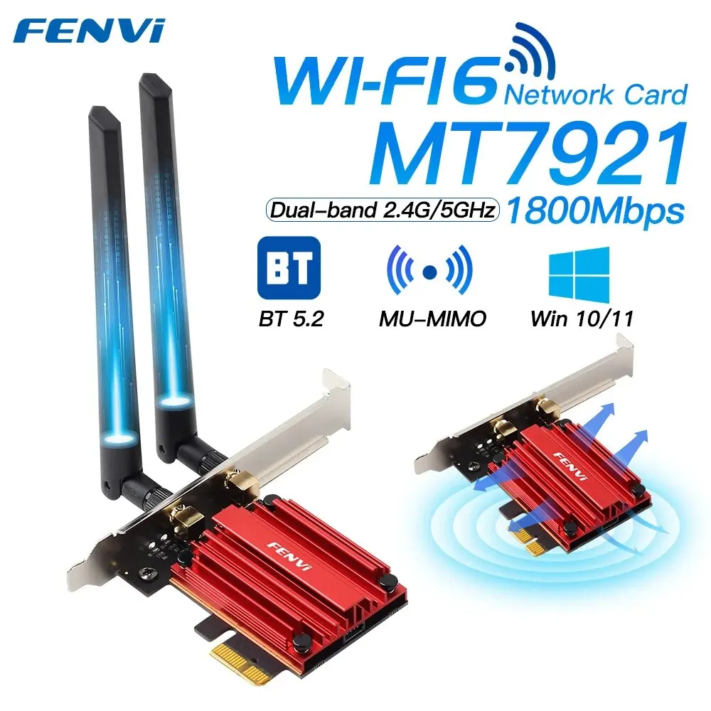 FENVI 와이파이 PCI 익스프레스 무선 어댑터, BT 5.2 듀얼 밴드 802.11AX/AC MT7921 와이파이 네트워크 카드, 윈도우 10/11, 6 1800Mbps