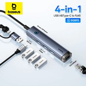 Baseus USB 허브 C타입 USB-A 어댑터, 맥북용 도킹 스테이션 허브, USB 3.0, 5Gbps 데이터 전송, RJ45 기가비트 이더넷, 4 인 1