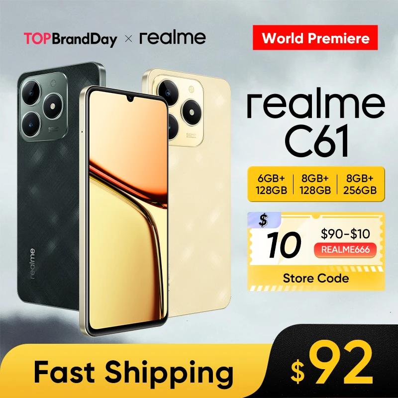 realme C61 스마트폰, 5000mAh 배터리, 45W SUPERVOOC 충전, 50MP AI 카메라, 90Hz 디스플레이, IP54 AI 엔진, 256GB, 월드 프리미어