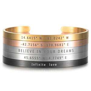 5mm 너비 닦 았 스테인레스 스틸 사용자 지정 맞춤 좌표 Bangles 레이저 조각 조정 가능한 오픈 커 프 스 여행 팔찌 선물