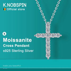 KNOBSPIN 여성용 풀 모이사나이트 크로스 펜던트 목걸이, 오리지널 925 스털링 실버 체인 도금, 18k 화이트 골드 고급 목걸이