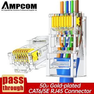 AMPCOM RJ45 커넥터 통과 CAT6 CAT5E 모듈러 플러그 네트워크 엔드, UTP 3U 50u 금도금 8P8C 크림프 엔드, 이더넷 케이블용