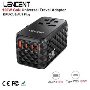 LENCENT 범용 여행용 어댑터, 여행용 고속 충전기, EU, UK, USA, AUS 플러그, 1 USB-A + 3 C타입 올인원 어댑터, 120W GaN