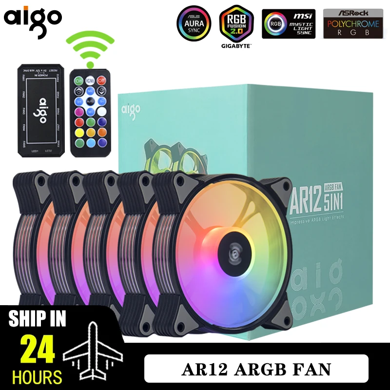 Aigo AR12 120mm PC 게이머 컴퓨터 케이스 팬 RGB 12v Heatsink Aura Sync 쿨러 Argb 사일런트 컨트롤러 키트 팬 냉각 환기 장치