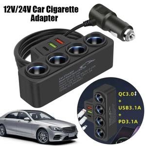 차량용 담배 라이터 어댑터, 12V, 24V, 4 소켓 3.1A 충전기, USB 충전기, 차량용 USB + QC3.0 + PD3.1A 액세서리 포트, USB 120W