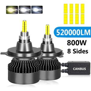 LED 360 캔버스 9012 H7 H1 H3 H8 D1S D2S 4300K HB3 9005 HB4 9006 LED 자동차 헤드라이트 6000K 안개등, 520000LM 800W H4 H11, 12V, 2 개