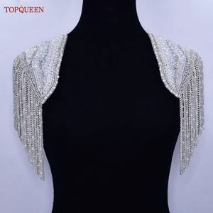 TOPQUEEN-SP65 여성 레이디 숄더 라인석 쥬얼리, 수제 반짝이는 3D 견장 의류 장식 브로치 술 바느질 아플리케