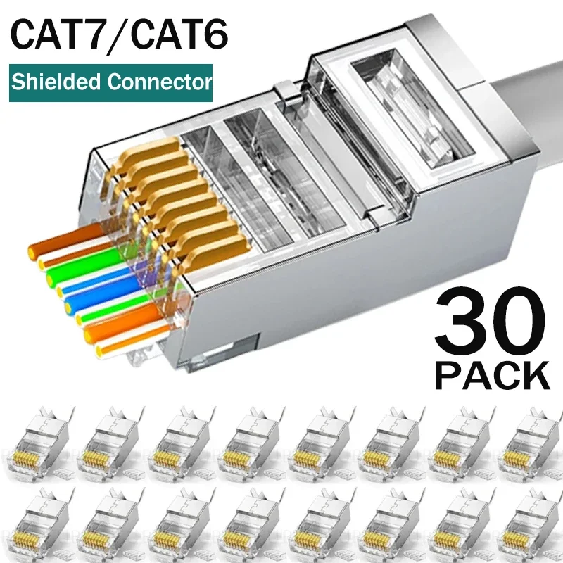 크리스탈 엔드 금도금 8P8C 크림프 UTP 이더넷 모듈러 플러그, RJ45 Cat7 Cat6 Cat5 차폐 커넥터, 1, 10, 30 개 통과