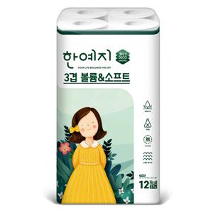 한예지 3겹 볼륨앤소프트 천연펄프 화장지 12롤 1팩