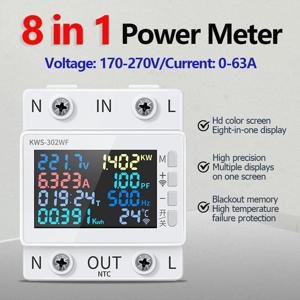 컬러 스크린 다기능 AC 에너지 전원 전압계, 전압 계량기, 와트 Kwh 계량기, 원격 제어, 170-270V, 63A, 8 인 1