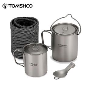 Tomshoo 티타늄 조리기구 세트, 초경량 750ml 냄비, 450ml 물컵 머그잔, 뚜껑 접이식 스포크, 야외 캠핑 배낭 여행용, 3 개