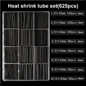 내열성 튜브 수축 포장 2:1, 블랙 열 수축 슬리브 세트, 와이어 케이블 폴리올레핀 랩 튜브, 로트당 625 개