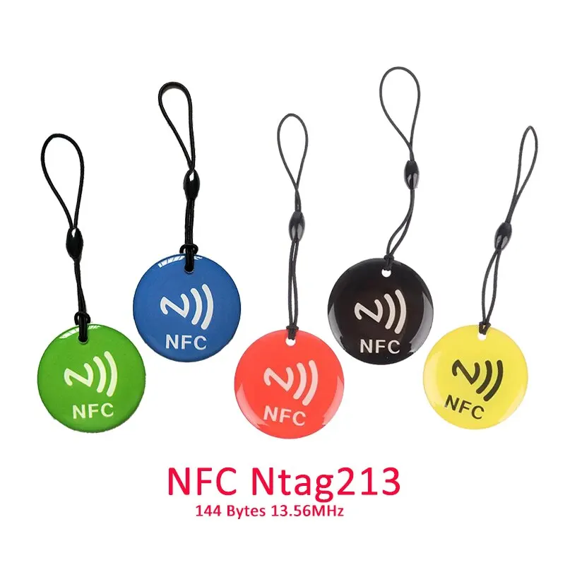 모든 NFC 지원 휴대폰용 RFID 태그 라벨 토큰, 로프 포함, Ntag213, 13.56MHz, 144 바이트 ISO14443A 에폭시 카드, 직경 35mm, 10 개