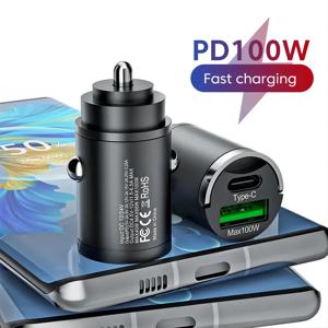 미니 100W PD QC 풀 링 고속 충전 차량용 충전기, USB C 차량용 전화 충전기 어댑터, 아이폰 샤오미 삼성 화웨이용