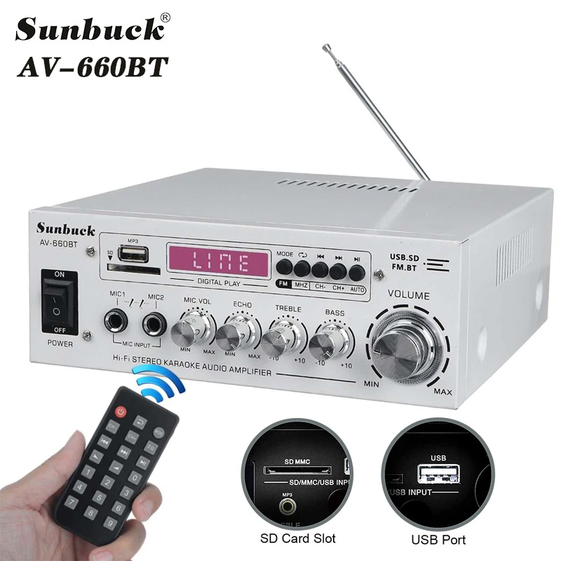 SUNBUCK AV-660BT 사운드 앰프, CH 2.1 파워 앰프, 홈 카 미팅 시어터 AMP 지지대 EQ FM USB SD 카드, 2 마이크 입력