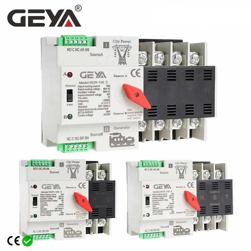 GEYA W2R ATS 110V 220V PC 이중 전원 자동 전환 스위치, 가정용 전원 전환 스위치, 50Hz, 60Hz, 63A, 100A