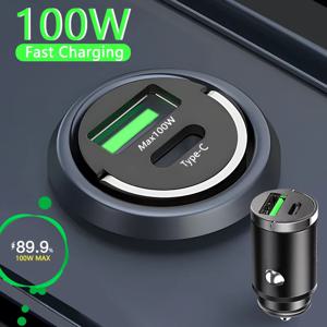 100W USB 차량용 미니 고속 충전 듀얼 포트 휴대폰 충전기, 아이폰 샤오미 화웨이 삼성용 C 타입 QC3.0 PD 차량용 충전기