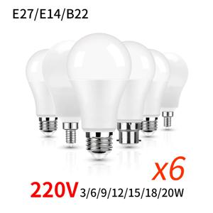 차가운 백색 LED 전구, 거실용 LED 조명, E27 E14 B22 LED, 220V, 3W, 6W, 9W, 12W, 15W, 18W, 20W, 로트당 6 개