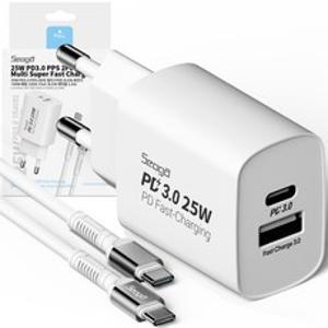 서가 25W PD3.0 PPS 2포트 멀티 C타입 초고속 충전기+60W 메탈 고강도 CtoC 초고속 케이블 1.5m, 화이트, 1세트