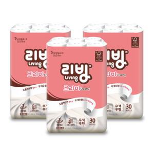 [삼정펄프] 리빙 크리미 화장지 3겹 25M 30롤 x 3팩 (총 90롤)