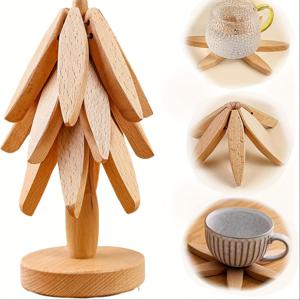 TEMU Festive Wooden Christmas Tree Coasters - Set of 3, 10cm Diameter, 22.5cm/8.66in Tall, Wooden Kitchen Decor, Heat Resistant, Non-Slip