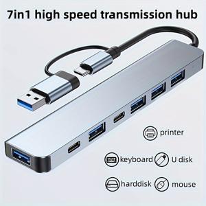 TEMU 7-in-1 고속 USB 3.0 데이터 전송 어댑터, Type-C 및 USB-A 커넥터가 있는 멀티포트 확장, 태블릿과 호환, 5V 작동 전압 지원, USB 전원 공급