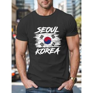 TEMU 서울 한국 프린트, 남성용 라운드 크루넥 반팔 티셔츠, 캐주얼 티셔츠, 여름용 캐주얼 편안한 가벼운 상의|태극기