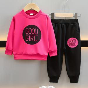 TEMU 2pcs 여아의 컬러 충돌 의상, GOOD GIRL 프린트 스웨트셔츠 & 스웨트팬츠 세트, 봄 가을 유아용 옷