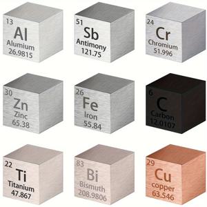 TEMU 9피스 주기율표 원소 큐브 세트 - 아연, 구리, 비스무트, 크롬, 알루미늄, 안티모니, 철, 탄소, 티타늄 10mm 순수 금속 샘플 - 투명 상자에 담긴 교육용 과학 컬렉션 키트